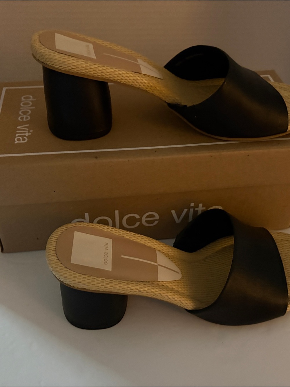 Dolce Vita Minny Leather Slide Sandals Black Mid Heel Sz 8 New in Box NIB